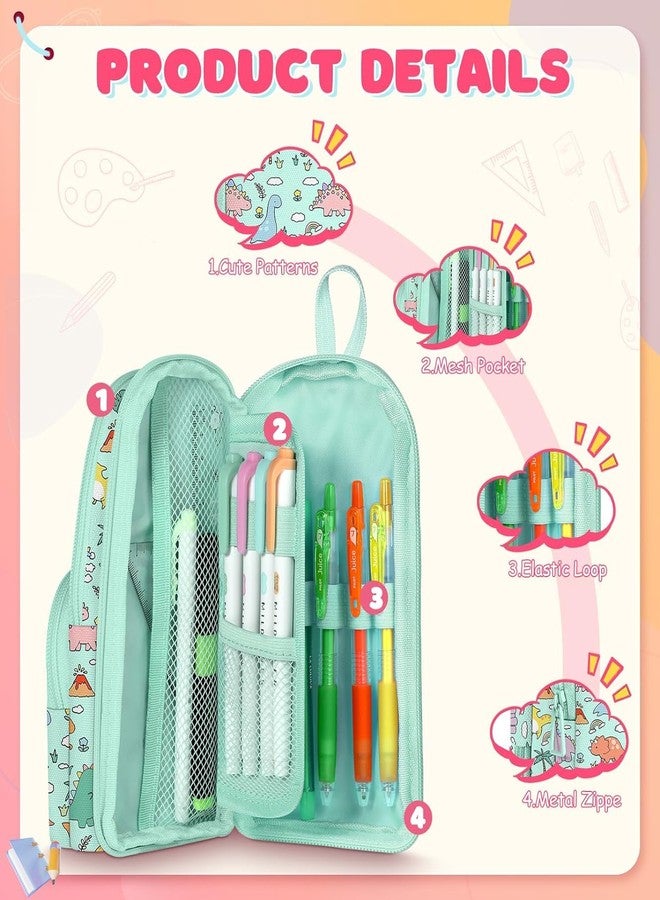 Dravina Canvas Large Capacity Pencil Pouch with 3 Zippers & 5 Compartments| Aesthetic Stationary Standing Pencil Case| Waterproof School Box for Girls & Boys Unicorn Pencil Box (Green Dinosaur) - Image 3